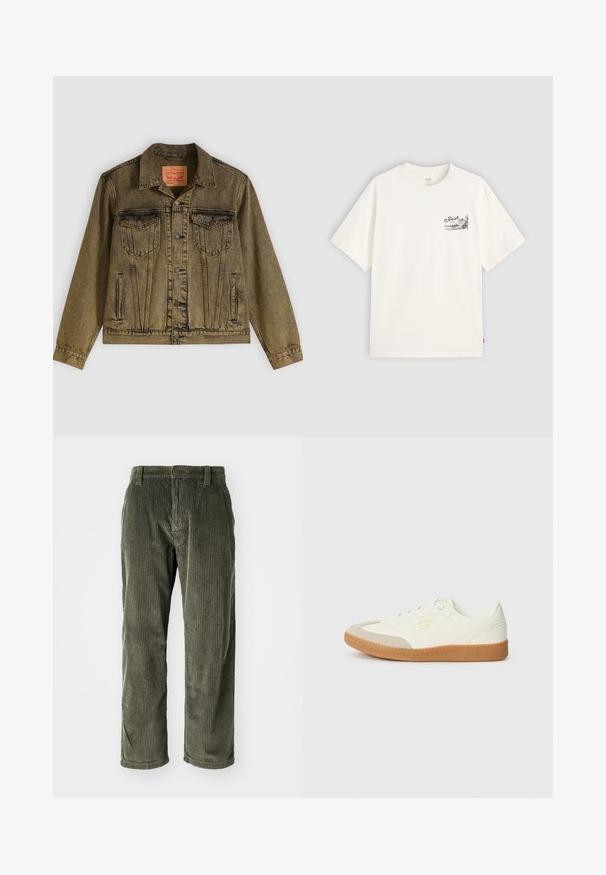 Chaqueta vaquera en verde oliva descolorido, con cierre frontal de botones, dos bolsillos en el pecho y cuello puntiagudo. Tejido texturizado con costuras detalladas.; Camiseta blanca de manga corta hecha de algodón, con un diseño gráfico negro en la zona del pecho izquierdo que dice "Fresh."; Pantalones de pana color verde oliva con acanalado vertical, que presentan un cierre de botón y un diseño de pierna recta. Textura suave con un ajuste clásico.; Zapatilla de cuero blanca con puntera beige y suela de goma marrón claro. Presenta cordones planos blancos y una marca en relieve en el lateral.
