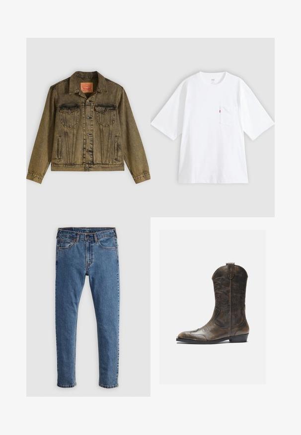 Denimjack met een vervaagde olijfgroene kleur, voorzien van een knoopsluiting aan de voorkant, twee borstzakken en een puntige kraag. Gestructureerde stof met gedetailleerde naden.; Wit katoenen T-shirt met korte mouwen, ronde hals en een borstzak aan de linkerkant. Heeft een klein rood logotagje op de zak.; Blauwe denim jeans met een rechte snit, vijf zakken, oranje stiksels en een klassieke knoop- en ritssluiting. Versleten textuur langs de benen.; Bruine leren cowboylaars met een hoge schacht, spitse neus, ingewikkelde stikpatronen en een kleine hak. Gevarieerde afwerking overal.