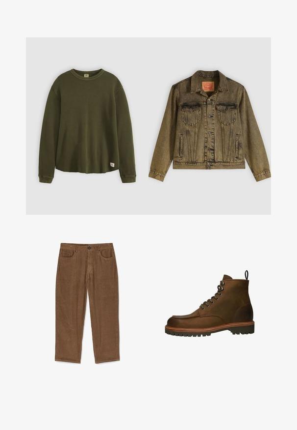 Denimjakke i falmet olivengrøn, med knapper foran, to brystlommer og spidst krave. Tekstureret stof med detaljerede sømme.; Oliven grøn langærmet sweater i et tekstureret, ribbet materiale med rund hals, afslappet pasform og et lille mærke nederst på kanten.; Brune kordfløjspant med lodret ribbing, fem lommer og knaplukning. Lige pasform med en blød, struktureret overflade.; Brune læder ankelstøvler med rundt tå, metal øjer og en robust gummisål. Indeholder en trækflap for nem påtagning.