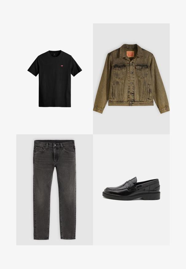 Veste en denim vert olive délavé, dotée d'une fermeture à boutons sur le devant, de deux poches poitrine et d'un col pointu. Tissu texturé avec des coutures détaillées.; T-shirt en coton noir avec un col rond, des manches courtes et un petit logo rouge Levi's sur la poitrine gauche. Design léger et simple.; Jean slim noir délavé en denim avec poches avant et arrière, passants de ceinture et fermeture par bouton à la taille.; Mocassins en cuir noir avec une finition lisse, un bout rond, un petit talon et descoutures décoratives à l'avant. Semelle en caoutchouc pour l'adhérence.