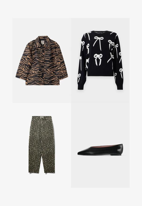 Manteau en tissu noir et beige à motif tigre, avec un col, une fermeture à boutons à l'avant et deux poches avant.; Pull noir à manches longues avec des motifs de nœuds blancs répartis sur le devant, les manches et les épaules, doté d'un col rond et de poignets côtelés.; Pantalon en denim à imprimé léopard avec taille haute, coupe droite et style cinq poches, fermeture par bouton en métal.; Chaussure plate en cuir noir pour femme, avec bout pointu et petit talon, vue de côté sur un fond gris clair uni.