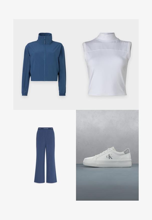 Blaue kurze Jacke aus glattem Stoff, mit hohem Kragen und durchgehendem Reißverschluss. Lange Ärmel mit elastischen Bündchen. Schlichtes Design.; Weißes ärmelloses Oberteil mit hohem Kragen, glatter Textur und taillierter Passform. Verfügt über eine horizontale Naht über der Brust.; Marinefarbene weite Hosen aus weichem Stoff mit glatter Textur. Mit einem elastischen Bund, der mit dem "Calvin Klein"-Logo am oberen Rand versehen ist.; Weiße Ledersneaker mit flacher Sohle, ausgestattet mit einem dezenten grauen Akzent an der Ferse und einem auffälligen 'CK'-Logo an der Seite.