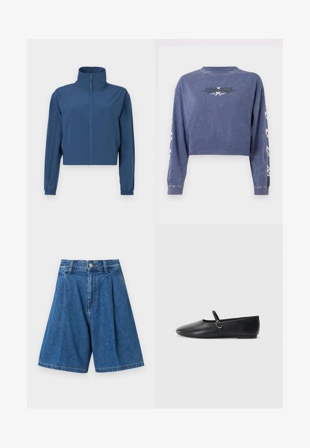 Blaue kurze Jacke aus glattem Stoff, mit hohem Kragen und durchgehendem Reißverschluss. Lange Ärmel mit elastischen Bündchen. Schlichtes Design.; Kurzes Langarm-Sweatshirt in Dunkelblau, aus weichem Stoff, mit einem grafischen Design auf der Brust und weißen Akzenten an den Ärmeln.; Blaue Denim-Bermudashorts mit einem gefalteten Bund, ausgestattet mit einem normalen Taillenbund und einem Knopfverschluss. Glatte Textur und gerade geschnittene Beine.; Schwarze Leder-Ballettschuhe mit spitzem Schuhzeug, flacher Sohle und einem kleinen Riemen mit silberner Schnalle.
