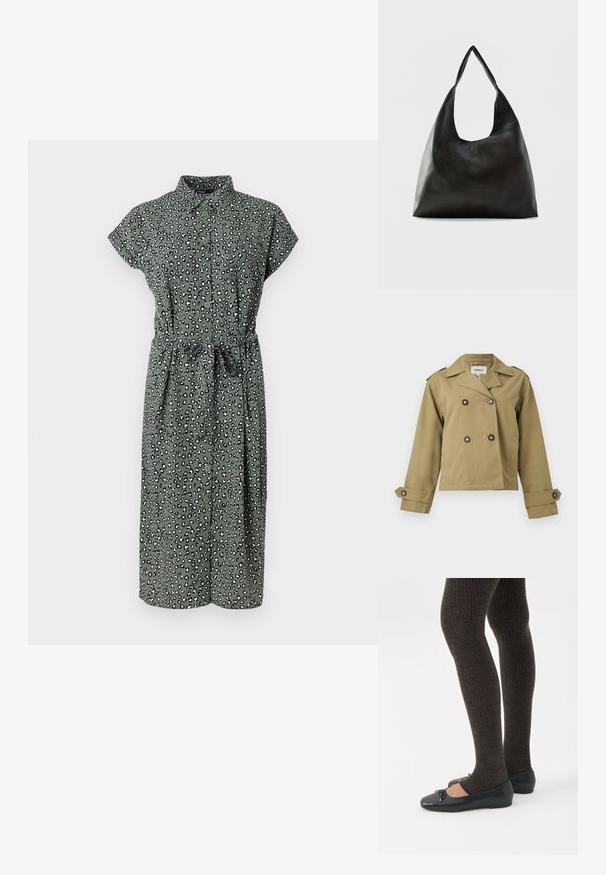 Kaki cropped trenchcoat med dobbeltradede knapper, brede reverser, skulderermer og justerbare manchetter med knapper.; Grøn skjorte-kjole med leopardmønster, korte ærmer, taljebånd og knælang kant. Lavet af letvægtsstof med en blød tekstur.; Ben iført mørke ribbede leggings kombineret med sorte balletsko med små sløjfedetaljer på hvid baggrund.; Sort skuldertaske i glat læder med en bred, enkelt strop og et afslappet, minimalistisk design mod en ensfarvet baggrund.