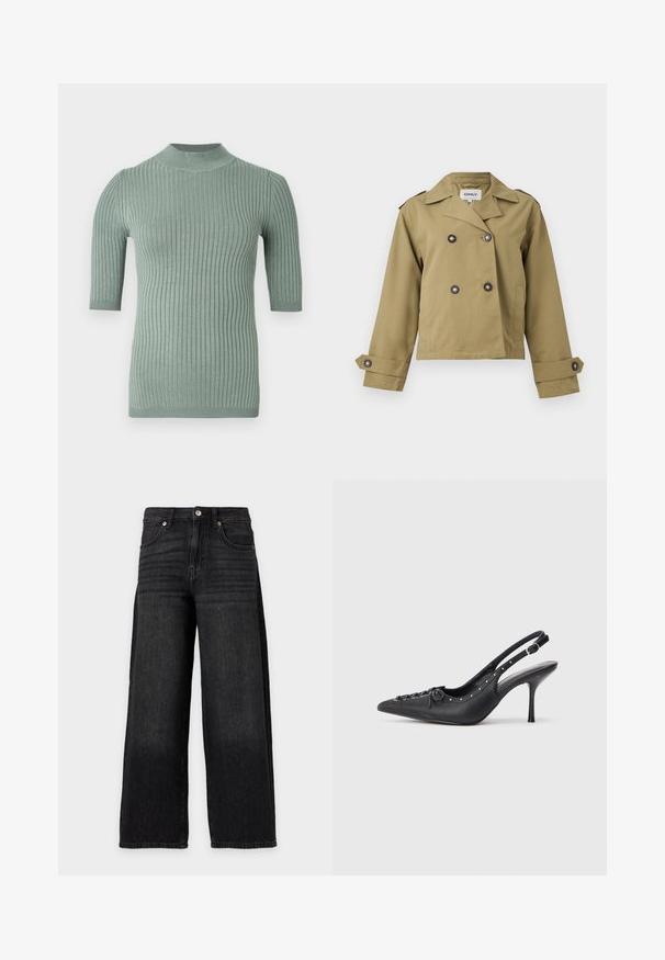 Καφέ cropped trench coat με διπλό πέτο κουμπιά, φαρδιά πέτα, επωμίδες και ρυθμιζόμενες μανσέτες με κουμπιά.; Ριμπ πλεκτό πουλόβερ με κοντά μανίκια σε απαλό πράσινο χρώμα με ψηλό λαιμό. Κατασκευασμένο από μαλακό, υφασμάτινο ύφασμα με κάθετες γραμμές σε όλο το μήκος.; Μαύρο τζιν με φαρδιά μπατζάκια, ψηλή μέση, κουμπί και φερμουάρ, μπροστινές τσέπες και διακριτικές ξεθωριασμένες λεπτομέρειες.; Μαύρο δερμάτινο slingback στιλέτο με μυτερή μύτη, πλευρική λουρίδα με κοπίτσα, τρουκς κατά μήκος της άκρης και διακοσμητική δέσιμο μπροστά.