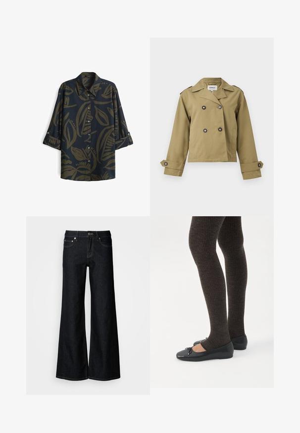Khaki cropped trenchcoat met dubbele rij knopen, brede revers, schouderepauletten en verstelbare knoopmanchetten.; Donkerblauwe shirt met een bladpatroon in olijfgroen. Heeft een kraag, knopen en driekwart mouwen met manchetten. Gladde stofstructuur.; Donkere denim jeans met wijde pijpen, een hoge taille, een ontwerp met vijf zakken en contrasterende gele stiksels langs de naden.; Benen met donkere geribbelde leggings gecombineerd met zwarte ballerina's met kleine strikdetails op een witte achtergrond.