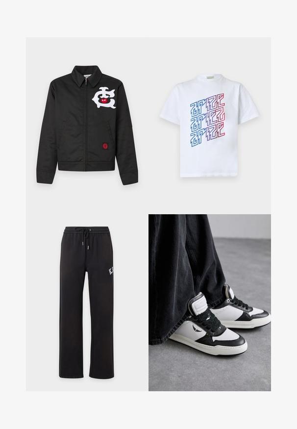 Zwarte jas met een ritssluiting aan de voorkant, een kraag en twee zijzakken. Opvallende details zijn een witte afbeelding en een rood embleem op de zoom.; Witte T-shirt met korte mouwen en een geometrisch doolhofachtig ontwerp in blauw, paars en rood gedrukt op de voorkant.; Zwarte casual broek met rechte pijpen, elastische tailleband en trekkoord, met gedeeltelijke witte tekst op de rechterdij.; Zwart-witte hoge sneakers met een gestructureerde zwarte vetersluiting, gemaakt van leer en synthetisch materiaal, met een logo aan de zijkant.