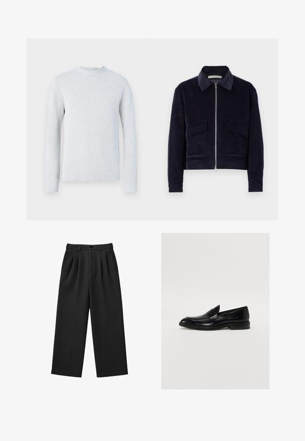 Veste en velours côtelé marine avec fermeture éclair, col classique, deux poches avant et design court. Tissu texturé avec larges côtes.; Pull en maille gris clair à manches longues avec col rond et poignets et bas en bord-côte, présenté sur fond blanc.; Pantalon noir à jambes larges avec plis sur le devant, passants de ceinture, poches latérales et fermeture par bouton à la taille.; Mocassin en cuir noir avec une pointe arrondie, des coutures discrètes et une finition lisse. Doté d'un talon bas empilé et d'une sangle sur le cou-de-pied.