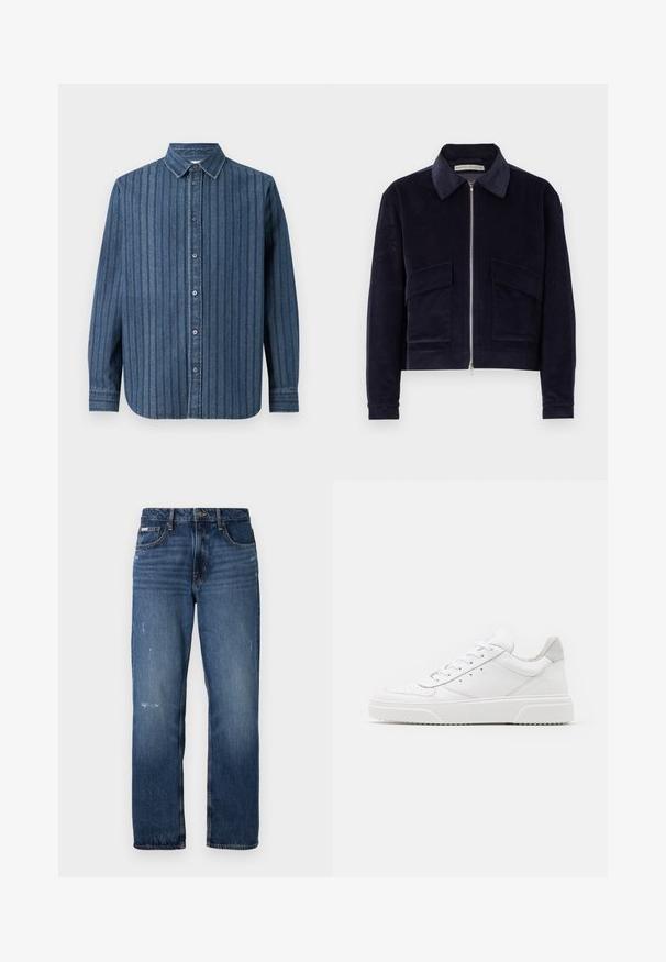 Marineblauwe corduroy jas met een ritsluiting, klassieke kraag, twee frontzakken en een cropped ontwerp. Textiel met een gestructureerde stof en brede ribbels.; Samsøe Samsøe SADAMON SHIRT - Overhemd - denim; Blauwe denim jeans met een rechte pijpdesign. Bevat vervaagde delen en lichte slijtage aan de voorkant, met een klassieke knoopsluiting.; Witte leren sneakers met een gladde afwerking, ronde neus, platte veters en een gestructureerde zool. Grijze suède accent bij de hiel.