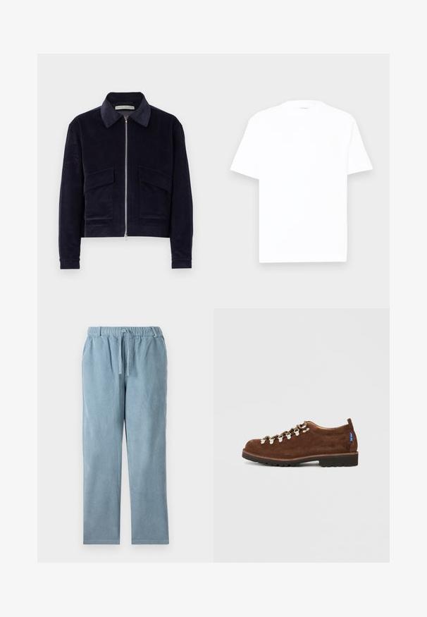 Marineblå kordfløjljakke med lynlås, klassisk krave, to forlommer og en cropped design. Struktureret stof med brede ribber.; Hvid bomulds T-shirt med rund hals, korte ærmer og en afslappet pasform. Glat tekstur, minimal dekoration og ingen mønstre eller grafik.; Lyseblå fløjlspants med elastisk talje, snoretilpasning, lige ben-form og ribbet tekstur. Ingen synlige lommer.; Brune ruskindssko med en lav profil, der har metaløjer og hvide snørrebånd, forstærket tå og en struktureret sort gummisål.