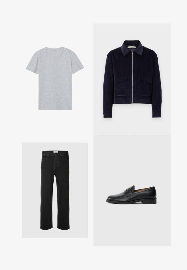 Veste en velours côtelé marine avec fermeture éclair, col classique, deux poches avant et design court. Tissu texturé avec larges côtes.; T-shirt gris à manches courtes en mélange de coton doux, avec un col rond classique et une texture lisse et légère.; Des jeans en denim noir à coupe droite disposent d'un design classique à cinq poches avec fermeture à bouton, de coutures minimales et d'une texture douce.; Mocassins en cuir noir avec un bout arrondi, présentant un détail de sangle à l'avant et un petit talon solide. Texture lisse et design épuré.
