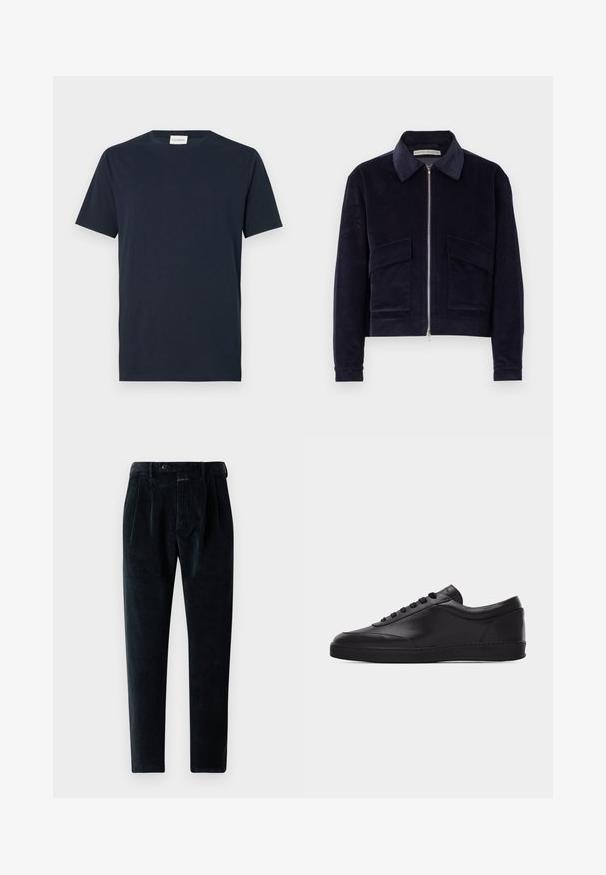 Veste en velours côtelé marine avec fermeture éclair, col classique, deux poches avant et design court. Tissu texturé avec larges côtes.; T-shirt à manches courtes bleu marine en coton doux. Il présente un col rond et un design simple et épuré sans motifs ni accents.; Pantalons en velours côtelé noir avec une coupe fuselée, comportant des plis avant, une fermeture à bouton et deux poches latérales. Tissu doux et texturé.; Baskets basses en cuir noir avec lacets sur le devant et semelle en caoutchouc plate, vues de côté sur un fond blanc uni.