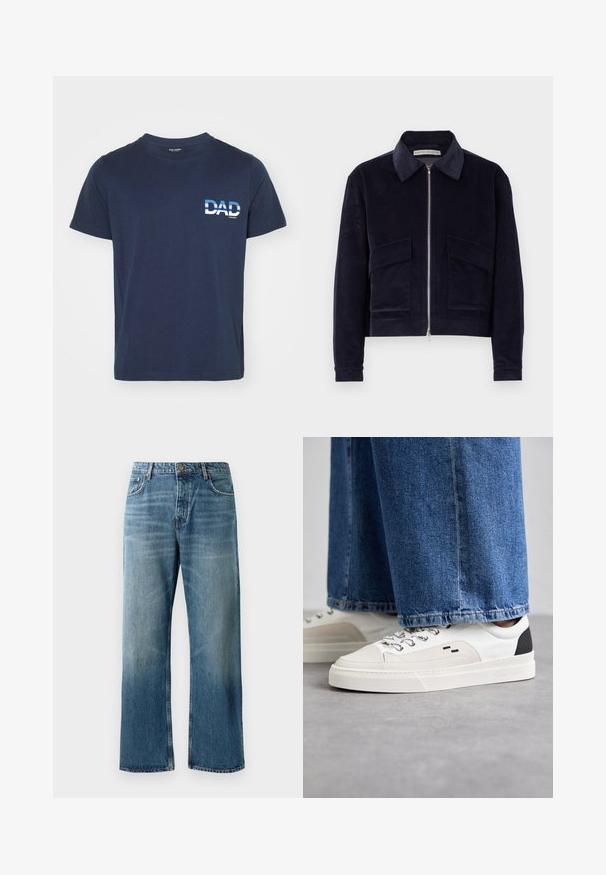 Marineblauwe corduroy jas met een ritsluiting, klassieke kraag, twee frontzakken en een cropped ontwerp. Textiel met een gestructureerde stof en brede ribbels.; Marineblauwe katoenen T-shirt met korte mouwen. Heeft een witte grafische tekst "DAD" aan de linkerkant, in een vet lettertype. Eenvoudig en casual ontwerp.; Lichtblauwe wijde jeans met een vervaagde wassing, voorzien van een enkele knoopsluiting, vijf zakken en contrasterende stiksels.; Witte en zwarte sneakers met een glad leren bovenwerk, textuuraccenten en een chunky witte zool. Heeft een klassiek vetersluiting ontwerp.