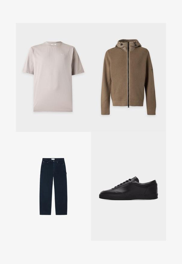 Brown knitted zip-up jacket with a padded hood featuring black drawstring toggles on a plain background.; Light beige short-sleeve cotton t-shirt with small white "NN.07" logo on the left chest and round neckline.; Black straight-leg pants with front and back pockets, belt loops, and a side tool loop, laid flat on a white background.; Black low-top leather sneaker with lace-up front and flat rubber sole, shown from the side on a plain white background.