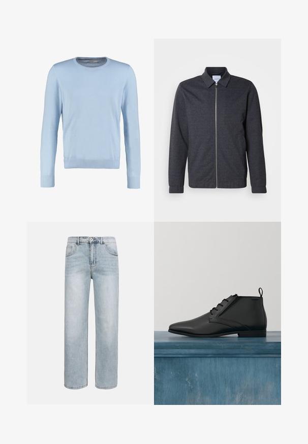 Mørkegrå lynlåstrøje med krave, lange ærmer og en glat stoftekstur. Har sidelommer og et minimalistisk design.; Lyseblå langærmet sweater med rund halsudskæring. Har en glat tekstur og ribbede manchetter og kant. Klassisk, tætsiddende design.; Lyseblå jeans med lige ben, forlommer, knaplukning og diskret falming på lår og knæ.; Sorte læder chukka støvler med spids tå, snørebåndsdesign og kontrastfarvet blå inderside. Glat tekstur med minimal syningsdetalje.