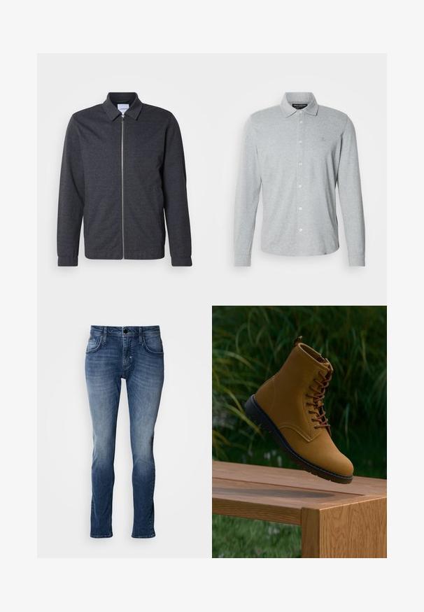 Mørkegrå lynlåstrøje med krave, lange ærmer og en glat stoftekstur. Har sidelommer og et minimalistisk design.; Langærmet grå poloshirt lavet af blød bomuld, med knaplukning foran, spidst krave og diskret logo på brystet.; Blå denim jeans med en falmet finish, fem-lomme design, lige ben skæring og topstikningsdetaljer. Simpel knap- og lynlås lukning.; Brune ruskinds ankelstøvle med brune snørebånd, en sort gummisål og en glat finish, vist over en træoverflade mod grønne omgivelser.