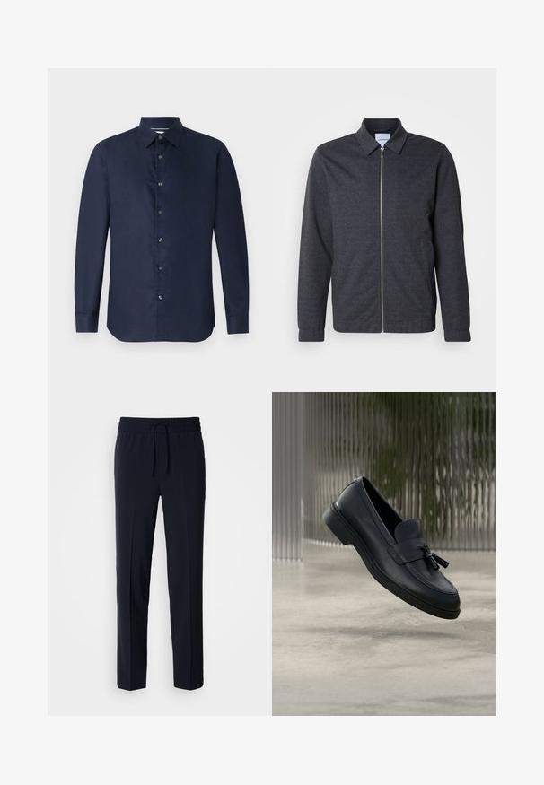 Chaqueta gris oscuro con cremallera, cuello, mangas largas y textura de tela suave. Cuenta con bolsillos laterales y un diseño minimalista.; Camisa de manga larga azul marino con cuello abotonado, textura suave y tapeta delantera con botones; presenta un ajuste entallado y dobladillo redondeado.; Pantalones ligeros azul marino con cintura elástica y cordón ajustable, que presentan un diseño de corte recto y una textura suave.; Mocasines de cuero negro con textura suave, punta redondeada y borlas decorativas en el frente. Suela de goma flexible con tacón bajo.