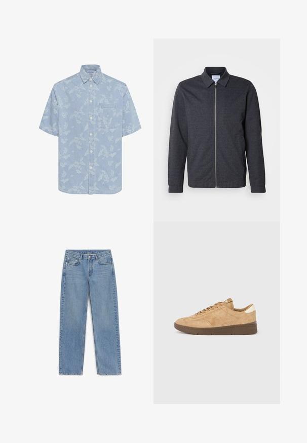 Chaqueta gris oscuro con cremallera, cuello, mangas largas y textura de tela suave. Cuenta con bolsillos laterales y un diseño minimalista.; Camisa de manga corta azul claro con patrón floral blanco, cierre de botones en el frente y un bolsillo en el pecho. Hecha de un material similar al denim.; Jeans de mezclilla azul claro con corte recto, cinco bolsillos y un ligero desvanecimiento. Presenta una cremallera de botones y detalles de costura a lo largo de las costuras.; Zapatillas de ante en marrón claro con suela de goma marrón. Presentan un cordonado sencillo, puntera redonda y un detalle en el talón en color crema que contrasta.