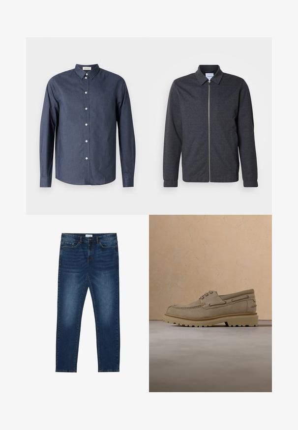 Veste zippée gris foncé avec col, manches longues et texture de tissu lisse. Dispose de poches latérales et d'un design minimaliste.; Chemise boutonnée à manches longues bleu marine en tissu lisse ; elle présente un col classique, des boutons blancs et un ourlet incurvé.; Jean slim-fit bleu foncé avec des détails délavés, design classique à cinq poches, fermeture à bouton et passants de ceinture.; Chaussure décontractée beige en daim à lacets avec une semelle épaisse et rainurée, présentée en suspension au-dessus d'une surface texturée beige assortie et d'un arrière-plan.