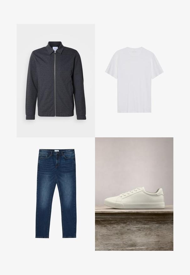 Donkergrijze jas met ritssluiting, een kraag, lange mouwen en een gladde stoftextuur. Voorzien van zijzakken en een minimalistisch ontwerp.; Witte katoenen T-shirt met korte mouwen, een ronde hals en een gladde textuur. Heeft minimale branding op de halslijn.; Donkerblauwe slim-fit jeans met vervaagde details, klassiek vijf-pocket ontwerp, knoopsluiting en riemlussen.; Witte vetersneaker die boven een houten bank zweeft met groene bladeren op de achtergrond, waarbij het ontwerp en de textuur van de schoen worden getoond.