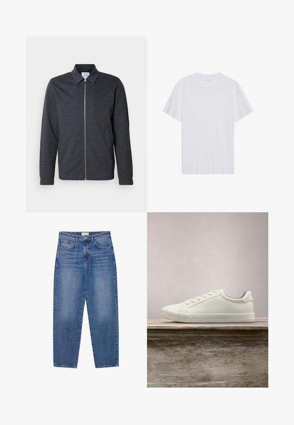 Mørkegrå lynlåstrøje med krave, lange ærmer og en glat stoftekstur. Har sidelommer og et minimalistisk design.; Hvid bomulds T-shirt med korte ærmer, rund hals og en glat tekstur. Har minimal branding på halsudskæringen.; Blå denim jeans med høj talje, lige ben design og slidte finish. Har fem lommer og en knaplukning.; Hvide snørresneakers svævende over en træbænk med grønne planter i baggrunden, der fremhæver skodesign og tekstur.