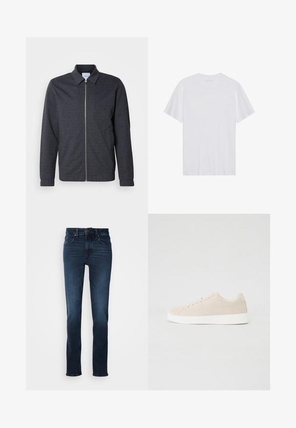 Donkergrijze jas met ritssluiting, een kraag, lange mouwen en een gladde stoftextuur. Voorzien van zijzakken en een minimalistisch ontwerp.; Witte katoenen T-shirt met korte mouwen, een ronde hals en een gladde textuur. Heeft minimale branding op de halslijn.; Donkerblauwe spijkerbroek met een rechte pijp, vijfzakkenstijl, knoopsluiting aan de voorkant en subtiele vervaging op de dijen.; Beige suède sneakers met witte rubberen zolen, ronde neus en zes veterogen. Gladde textuur met minimalistisch ontwerp.