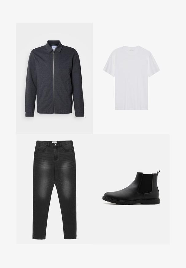 Donkergrijze jas met ritssluiting, een kraag, lange mouwen en een gladde stoftextuur. Voorzien van zijzakken en een minimalistisch ontwerp.; Witte katoenen T-shirt met korte mouwen, een ronde hals en een gladde textuur. Heeft minimale branding op de halslijn.; Zwarte spijkerbroek van denim met een vervaagde wassing, hoge taille, vijf-pocket ontwerp en zilveren hardware. Rechte pijpen met contrasterende stiksels.; Zwarte leren Chelsea-laars met elastische zijpanelen, een trekhaak en een duurzame rubberen zool. Glad oppervlak en gestroomlijnd ontwerp.