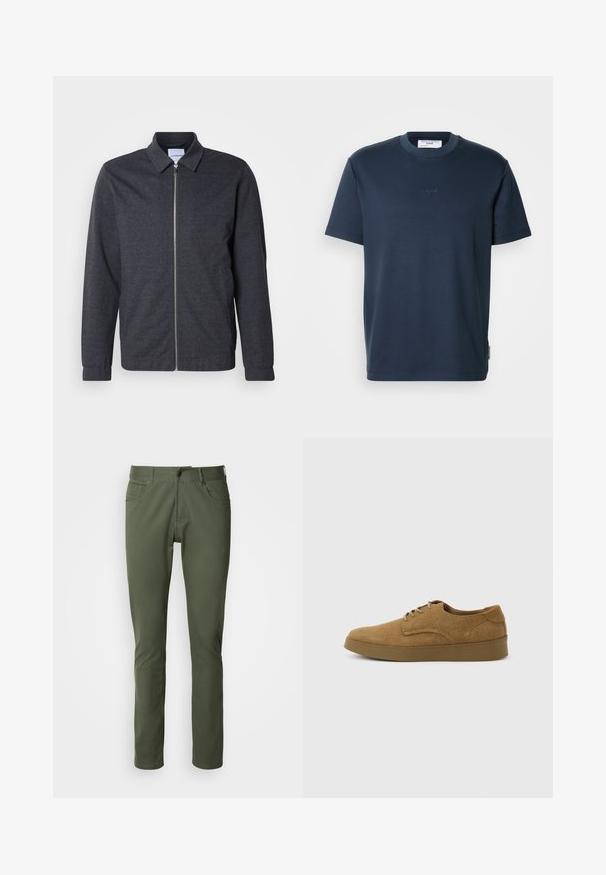 Mørkegrå lynlåstrøje med krave, lange ærmer og en glat stoftekstur. Har sidelommer og et minimalistisk design.; Mørk marineblå bomuld t-shirt med korte ærmer, rund halsudskæring og subtilt broderet logo foran. Glat tekstur, afslappet pasform.; Olivenfarvede bukser lavet af bomuldsblanding, med klassisk lige pasform, fem lommer og metalknaplukning. Glat tekstur.; Brun ruskindslærredsko med snørebånd og flad gummisål, set fra siden på en ensfarvet lys baggrund.