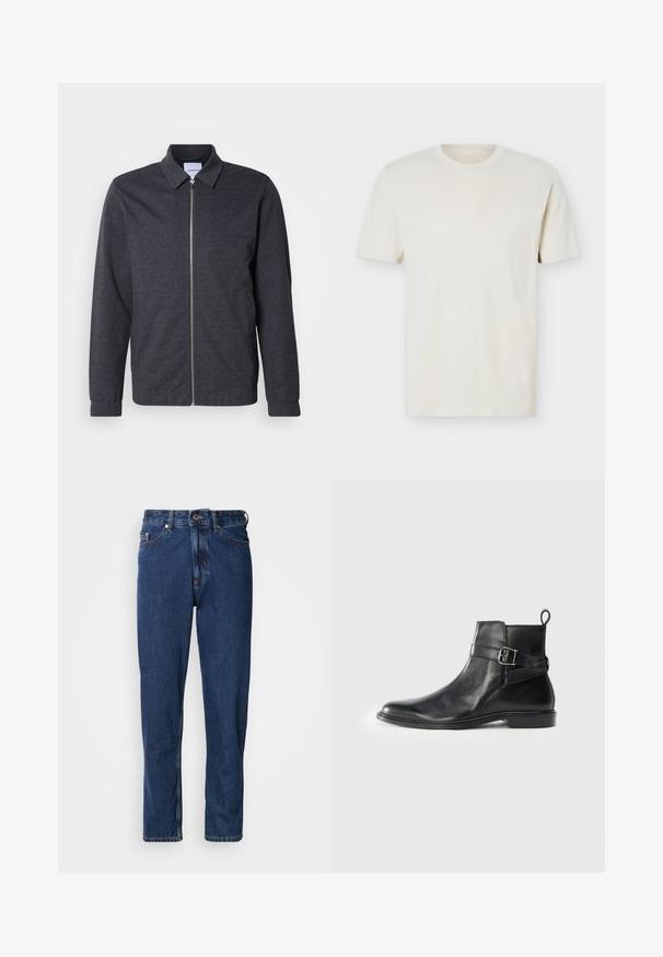 Donkergrijze jas met ritssluiting, een kraag, lange mouwen en een gladde stoftextuur. Voorzien van zijzakken en een minimalistisch ontwerp.; Effen gebroken wit T-shirt met korte mouwen en ronde hals, met subtiel logo op de linkerborst, weergegeven op een effen witte achtergrond.; Donkerblauwe spijkerbroek gemaakt van denim, met een rechte pijp, vijfzakkenontwerp en zichtbare stiksels langs de naden.; Zwarte leren enkellaarsjes met een ronde neus, zijgespeldetail en een lipje op de hak. Platte zool met een subtiele glansafwerking.