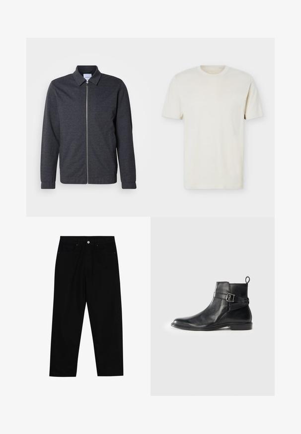 Donkergrijze jas met ritssluiting, een kraag, lange mouwen en een gladde stoftextuur. Voorzien van zijzakken en een minimalistisch ontwerp.; Effen gebroken wit T-shirt met korte mouwen en ronde hals, met subtiel logo op de linkerborst, weergegeven op een effen witte achtergrond.; Zwarte denim broek met een recht model, voorzien van twee voorzakken, een knoopsluiting en subtiele stikseldetails.; Zwarte leren enkellaarsjes met een ronde neus, zijgespeldetail en een lipje op de hak. Platte zool met een subtiele glansafwerking.