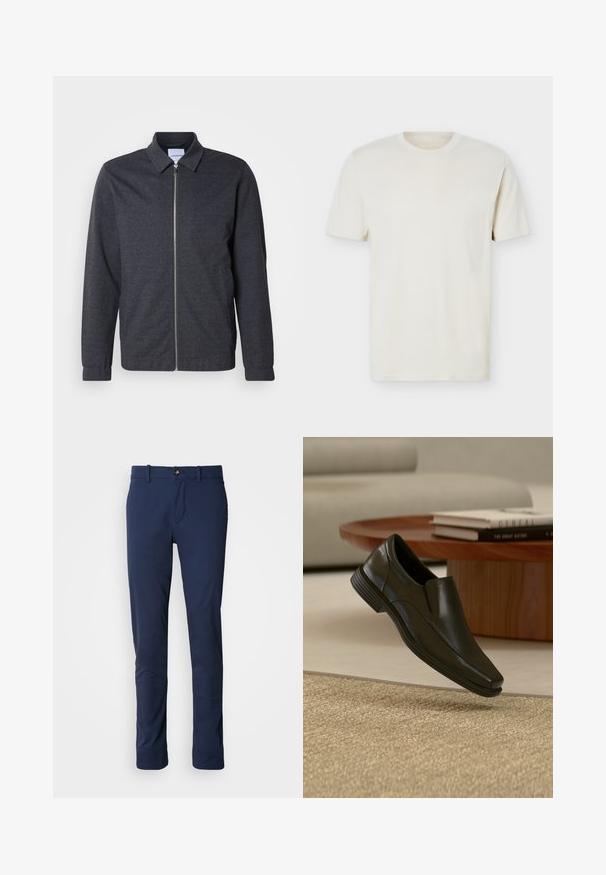 Mørkegrå lynlåstrøje med krave, lange ærmer og en glat stoftekstur. Har sidelommer og et minimalistisk design.; Simpel, off-white T-shirt med korte ærmer og rund hals, med diskret logo på venstre bryst, vist mod en hvid flad baggrund.; Mørkeblå bukser lavet af glat stof, med design i lige ben, lynlås i front og en enkelt forlommmepose med knaplukning.; Sort slips-på-klædeskost i læder svævende over beige vævet tæppe med rundt træ-sofabord og stabler af bøger i baggrunden.