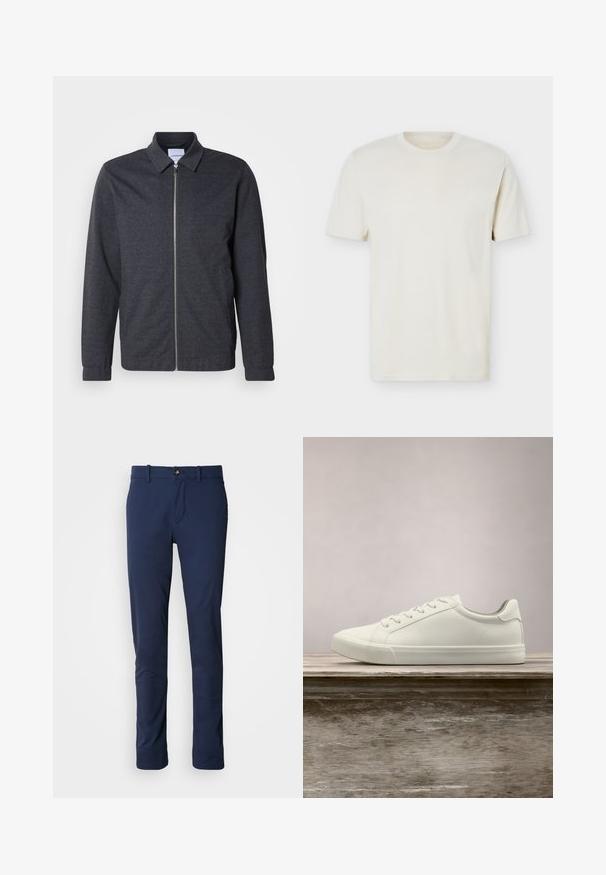 Chaqueta gris oscuro con cremallera, cuello, mangas largas y textura de tela suave. Cuenta con bolsillos laterales y un diseño minimalista.; Camiseta lisa de algodón color blanco hueso, cuello redondo y manga corta, con un logo sutil en el pecho izquierdo, presentada sobre un fondo blanco plano.; Pantalones azul marino de tela suave, con un diseño de pierna recta, cierre de cremallera y un único bolsillo frontal con cierre de botón.; Zapatilla blanca con cordones flotando sobre un banco de madera con follaje verde al fondo, mostrando el diseño y la textura del zapato.