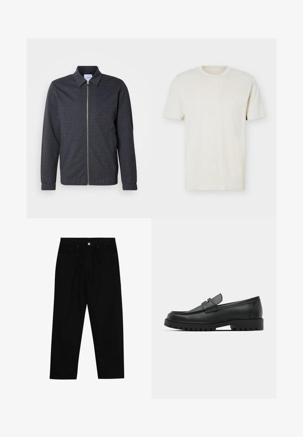 Mørkegrå lynlåstrøje med krave, lange ærmer og en glat stoftekstur. Har sidelommer og et minimalistisk design.; Simpel, off-white T-shirt med korte ærmer og rund hals, med diskret logo på venstre bryst, vist mod en hvid flad baggrund.; Sorte denim bukser med lige ben, der har to forlommer, en knaplukning foran og subtile syningsdetaljer.; Sorte læder loafers med rund tå, der har et syet design, lav platformssål og en struktureret, skridsikker gummisål.