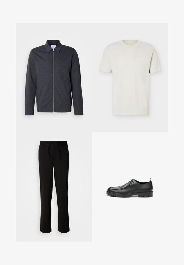 Mørkegrå lynlåstrøje med krave, lange ærmer og en glat stoftekstur. Har sidelommer og et minimalistisk design.; Simpel, off-white T-shirt med korte ærmer og rund hals, med diskret logo på venstre bryst, vist mod en hvid flad baggrund.; Sorte sweatpants med snor i taljen, lavet af blødt og strækbart stof. Har en afslappet pasform med lige ben og uden synlige lommer.; Sorte lædersko med en glat overflade, rund tå og dekorativ stikning. Har en gummisål med skridsikre spor og snørebåndsdesign.