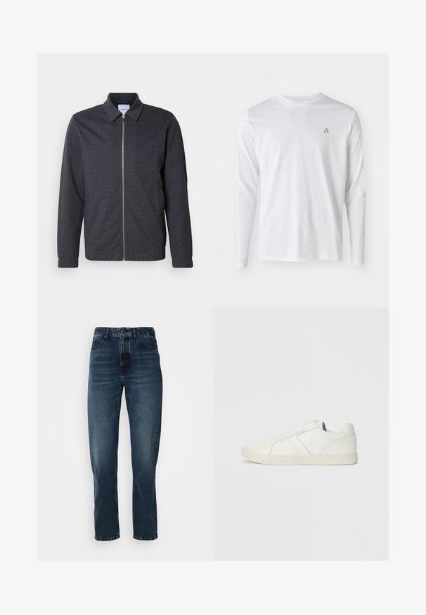 Chaqueta gris oscuro con cremallera, cuello, mangas largas y textura de tela suave. Cuenta con bolsillos laterales y un diseño minimalista.; Camisa de algodón blanca de manga larga con cuello redondo y un pequeño logo "M OP" en azul oscuro en el lado izquierdo del pecho. Textura suave.; Jeans de pierna recta azul oscuro con cierre frontal de botón y cremallera, diseño de cinco bolsillos y un ligero desgaste en los muslos y las rodillas.; Zapatilla baja blanca de cuero con cierre de cordones y suela de goma plana, vista desde el lado interno sobre un fondo liso.
