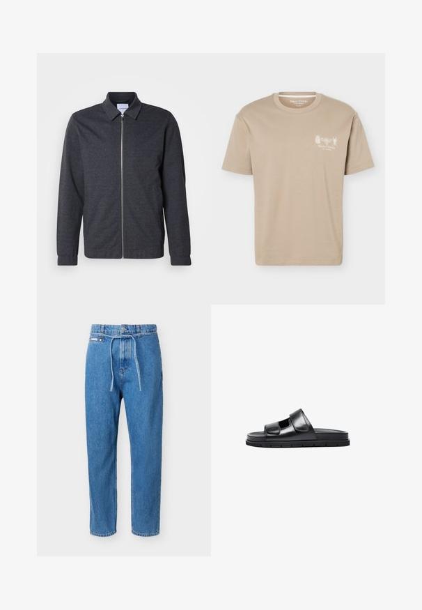 Veste zippée gris foncé avec col, manches longues et texture de tissu lisse. Dispose de poches latérales et d'un design minimaliste.; T-shirt beige à manches courtes avec col rond, présentant de petits motifs d'insectes et le logo "Marc O'Polo" sur la poitrine gauche.; Jean en denim bleu avec une coupe droite, taille haute, bouton à l'avant, fermeture éclair, et une fine ceinture en denim nouée à la taille.; Sandal en cuir noir à enfiler avec une large bandoulière réglable, bout ouvert et semelle texturée. Design minimaliste avec une semelle intérieure plate et rembourrée.