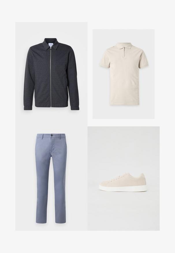 Mørkegrå lynlåstrøje med krave, lange ærmer og en glat stoftekstur. Har sidelommer og et minimalistisk design.; Beige kortærmet polo-shirt med krave og frontlynlås, vist på en ensfarvet lys baggrund.; Lyseblå bomulds-chinos i slim fit med knaplukning, bælteløkker og sidelommer, glat tekstur og lige ben.; Beige ruskindsneakers med hvide gummisåler, rund tå og seks snøringshuller. Glat tekstur med minimalisk design.