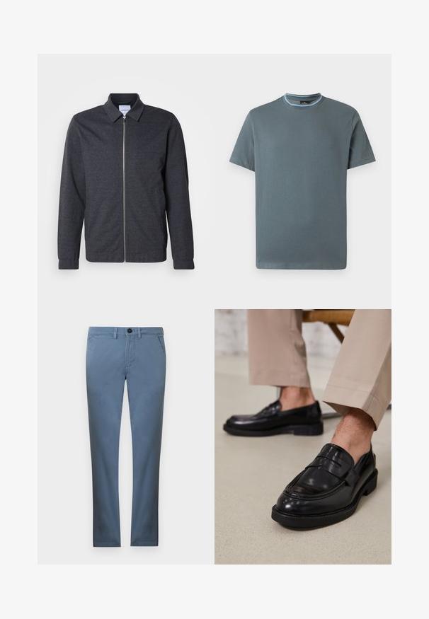 Veste zippée gris foncé avec col, manches longues et texture de tissu lisse. Dispose de poches latérales et d'un design minimaliste.; T-shirt à manches courtes et col rond en bleu doux avec détail rayé au col, devant uni, et texture de tissu lisse.; Pantalon bleu clair à jambe droite avec fermeture à bouton, devant plat et poches latérales ; fabriqué en tissu lisse et léger.; Mocassins en cuir noir avec une finition lisse, ornés d'une sangle décorative et de coutures contrastées, associés à un pantalon beige.