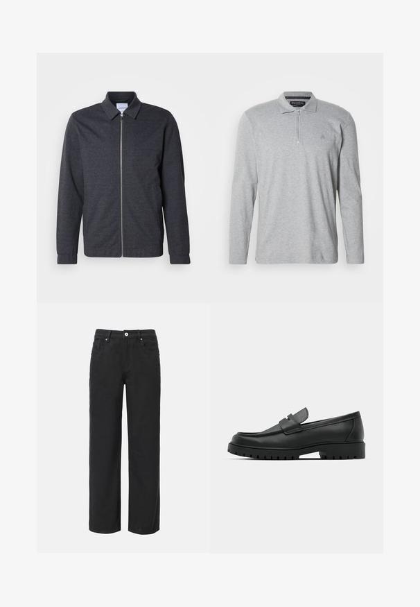 Tumehall lukkudega jope kraega, pikkade varrukatega ja sileda kangapinnaga. Disainis on küljetaskud ja minimalistlik stiil.; Hallikas pikemakäise polosärk pehmest materjalist, millel on pool lukku, klassikaline krae ja väike logo rinnal.; Mustad laiad puusad püksid, mis on valmistatud puuvillast, nelja taskuga, ees nupulukuga ja klassikalise teksadisainiga. Sile tekstuur, nähtavaid mustreid ei ole.; Mustad musta nahast loafers, millel on ümar varvas, tikandiga disain, madal platvorm-soon ja tekstureeritud, soonikkummist välistald.