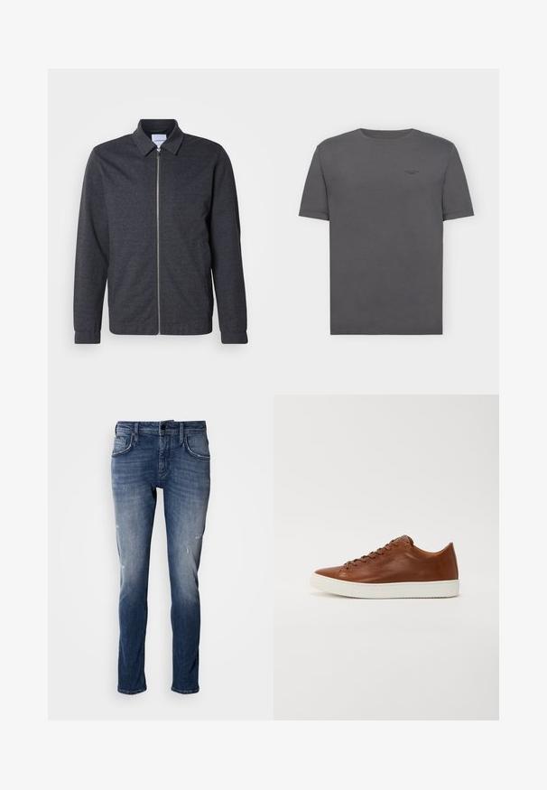 Dunkelgraue Reißverschlussjacke mit Kragen, langen Ärmeln und glatter Stoffstruktur. Verfügt über Seitentaschen und ein minimalistisches Design.; Dunkelgraues Kurzarm-T-Shirt mit Rundhalsausschnitt und kleinem Textlogo "Marc O'Polo DENIM" auf der oberen linken Brust.; Antony Morato KURT COMFORT - Jeans Tapered Fit - blue denim; Braunes Leder-Sneaker mit runder Zehe, weißer Gummisohle und klaren Linien. Verfügt über eine Schnürung und dezente Markierung an der Seite.