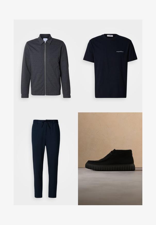 Donkergrijze jas met ritssluiting, een kraag, lange mouwen en een gladde stoftextuur. Voorzien van zijzakken en een minimalistisch ontwerp.; Marineblauw katoenen T-shirt met korte mouwen, ronde hals, voorzien van een klein wit geborduurd logo aan de linkerkant van de borst.; Donkerblauwe broek gemaakt van een zachte, lichtgewicht stof. Heeft een taille met trekkoord, taps toelopende pijpen en een gladde textuur.; Zwarte enkelboots van zacht materiaal, met een ronde neus, minimale veters en een gestructureerde rubberen zool met verticale groeven.
