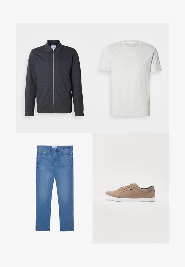 Donkergrijze jas met ritssluiting, een kraag, lange mouwen en een gladde stoftextuur. Voorzien van zijzakken en een minimalistisch ontwerp.; Witte katoenen t-shirt met korte mouwen, ronde halslijn en een klein logo op de borst. Zachte textuur en een klassieke pasvorm. Geen patronen.; Lichtblauwe spijkerbroek met een rechte pijp, vijf zakken, subtiele vervaging en metalen accenten op de taille en zakken.; Beige canvas sneakers met een low-top ontwerp, witte rubberen zool en ronde veters. Kenmerkt zich door een contrasterende grijze hielaccent en logodetail.