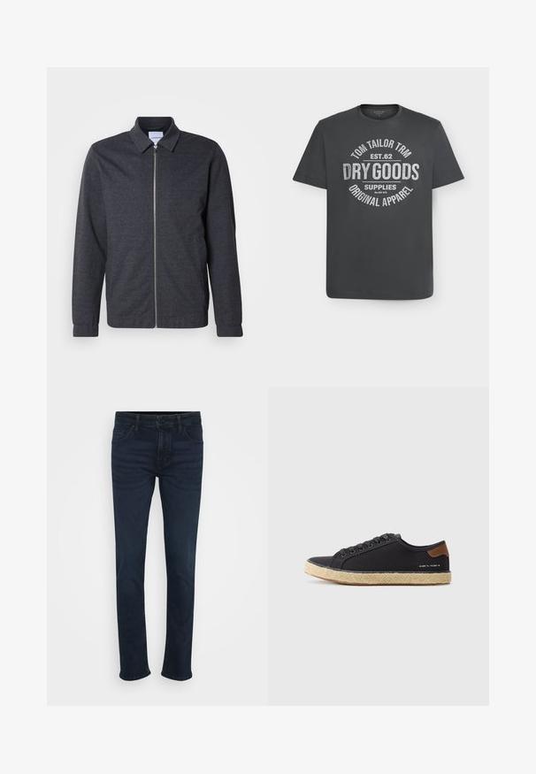 Mørkegrå lynlåstrøje med krave, lange ærmer og en glat stoftekstur. Har sidelommer og et minimalistisk design.; Mørkegrå T-shirt med korte ærmer og rund hals med hvid tekst, der lyder "Tom Tailor TRM Est. 62 Dry Goods Supplies Original Apparel" centreret på forsiden.; Mørkeblå jeans med lige ben, der har et klassisk fem-lomme design, metalknap og bæltestropper i taljen.; Canvas sneakers i mørkeblå med rund tå, snørebånd foran og brune læderdetaljer. Foreslået med en tekstureret espadrille-lignende sål.