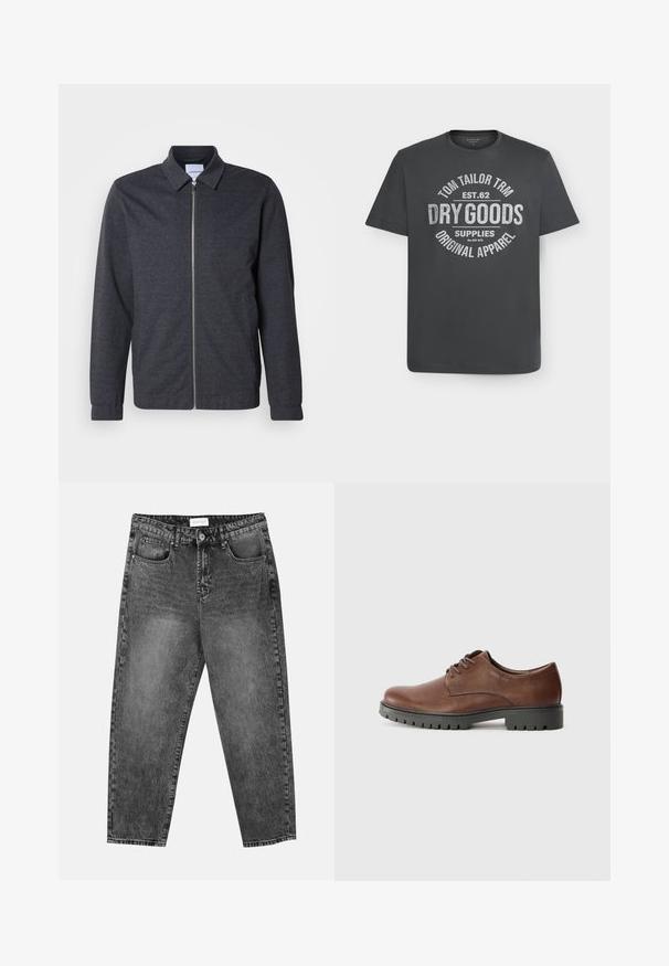 Mørkegrå lynlåstrøje med krave, lange ærmer og en glat stoftekstur. Har sidelommer og et minimalistisk design.; Mørkegrå T-shirt med korte ærmer og rund hals med hvid tekst, der lyder "Tom Tailor TRM Est. 62 Dry Goods Supplies Original Apparel" centreret på forsiden.; Sorte vasket straight-leg jeans med for- og baglommer, bæltestropper og knaplukning i taljen.; Brune læder oxford sko med en glat tekstur, rund tå og sål i sort gummi med et mønster. Snører fastgjort foran.