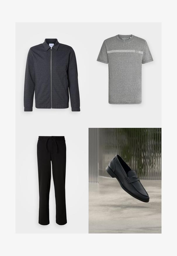Mørkegrå lynlåstrøje med krave, lange ærmer og en glat stoftekstur. Har sidelommer og et minimalistisk design.; Grå kortærmet t-shirt med rund hals, en horisontal hvid stribe og et lille "D"-logo på brystet.; Sorte sweatpants med snor i taljen, lavet af blødt og strækbart stof. Har en afslappet pasform med lige ben og uden synlige lommer.; Sort læderloafer med glat finish, spids tå og sømdetaljer over vristen. Lav hæl og minimalistisk design.