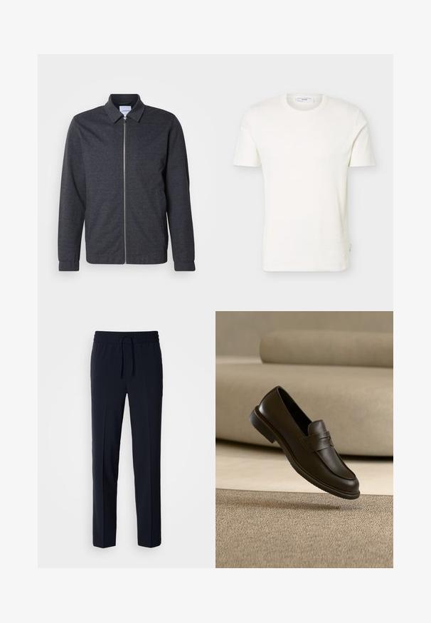 Chaqueta gris oscuro con cremallera, cuello, mangas largas y textura de tela suave. Cuenta con bolsillos laterales y un diseño minimalista.; Camiseta blanca lisa de manga corta con cuello redondo, mostrada sobre un fondo neutro, vista frontal y etiqueta dentro del escote.; Pantalones ligeros azul marino con cintura elástica y cordón ajustable, que presentan un diseño de corte recto y una textura suave.; Un solo mocasín de cuero marrón oscuro flotando sobre una alfombra beige texturizada, con un sofá beige desenfocado al fondo.