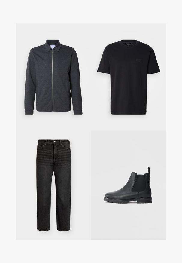 Veste zippée gris foncé avec col, manches longues et texture de tissu lisse. Dispose de poches latérales et d'un design minimaliste.; T-shirt noir en coton à manches courtes avec un col ras du cou et une texture de patch logo noir sur la poitrine. Tissu lisse et léger.; Jeans en denim noir avec une coupe droite, présentant une taille mi-haute, cinq poches et une fermeture à bouton en métal. Texture lisse avec des décolorations subtiles.; Bottes Chelsea en cuir noir avec inserts élastiques sur les côtés, bout arrondi et semelle en caoutchouc texturée. Tirette à l'arrière pour faciliter l'enfilage.
