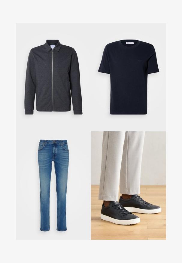 Dunkelgraue Reißverschlussjacke mit Kragen, langen Ärmeln und glatter Stoffstruktur. Verfügt über Seitentaschen und ein minimalistisches Design.; Navyblaue Baumwoll-T-Shirt mit kurzen Ärmeln, rundem Ausschnitt und kleinem Logodetail auf der Brust. Glatte Textur, klassischer Schnitt.; Blaue Denim-Jeans mit geradem Bein, fünf Taschen und einem Knopfverschluss an der Taille, mit leichtem Verblassen und Whisker-Effekten.; Schwarze Ledersneaker mit strukturiertem Obermaterial, weißer Gummisohle, flachen Schnürsenkeln, kombiniert mit hellgrauen, taillierten Hosen.