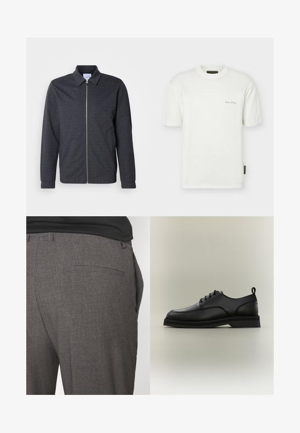 Chaqueta gris oscuro con cremallera, cuello, mangas largas y textura de tela suave. Cuenta con bolsillos laterales y un diseño minimalista.; Camiseta blanca de manga corta con cuello redondo, con pequeño texto "Marc O'Polo" en el pecho y etiqueta de tela en la costura lateral izquierda.; Pantalones grises ajustados con una textura suave, que cuentan con un bolsillo trasero y un diseño slim fit. La tela tiene un patrón sutil.; Zapato de vestir negro de cuero con cordones, suela gruesa y lengüeta en el talón, mostrado de perfil sobre fondo neutro.