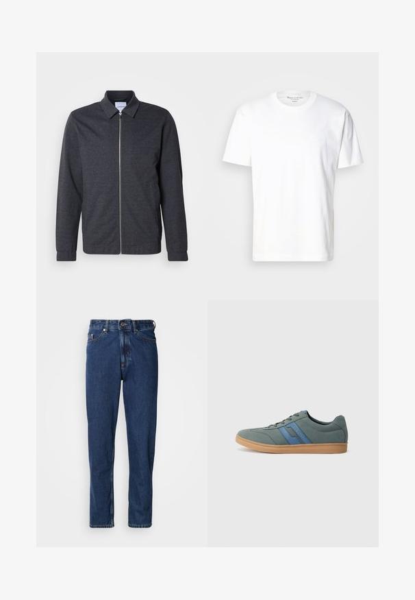Mørkegrå lynlåstrøje med krave, lange ærmer og en glat stoftekstur. Har sidelommer og et minimalistisk design.; Hvid bomulds t-shirt med rund hals og korte ærmer. Har en diskret logo detalje på fronten. Glat tekstur, afslappet pasform.; Mørkeblå jeans lavet af denim, med lige ben, fem-lommer stil og synlige syninger langs sømmene.; Lys grøn ruskind sneaker med blå detaljer, flade snørebånd og en beige gummisål. Rund toe og lavprofil design.